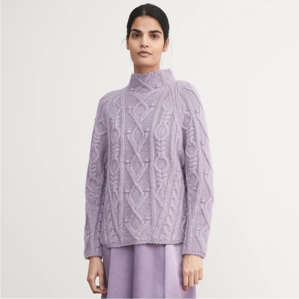 VINCE Aran Raglan Mock Neck Alpaca & Wool-Blend Sweater Medium White Lilac